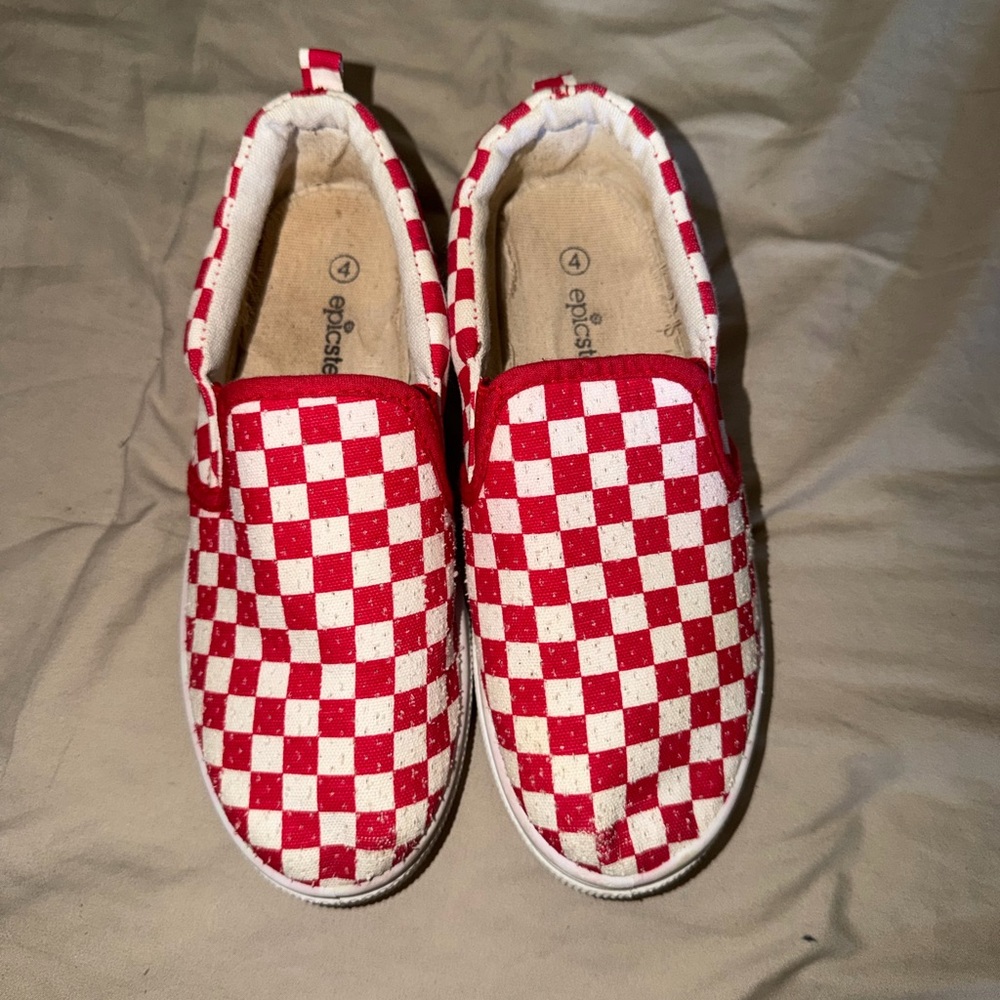 Kids Red & White Checker Slip-On Sneakers